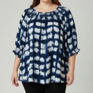 Sonoma Goods For Life Womens 2X Blue White Tie Dye Smocked Peasant Blouse Top